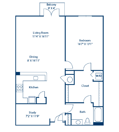 Floor plan for 1 bed, 1 bath, 1133 sqft
