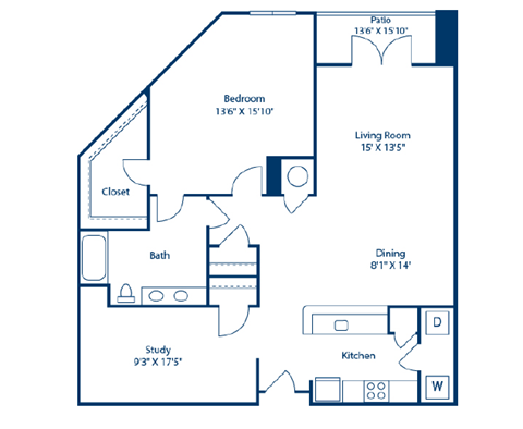 Floor plan for 1 bed, 1 bath, 1211 sqft