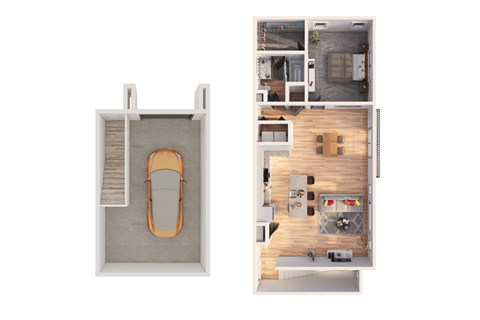 Floor plan for 1 bed, 1 bath, 983 sqft