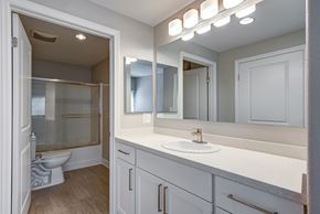 North Hollywood apartment for rent - A bathroom with a sink, mirror, and shower.
