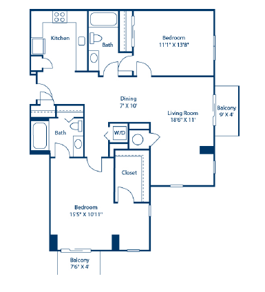 Floor plan for 2 beds, 2 baths, 1105 sqft
