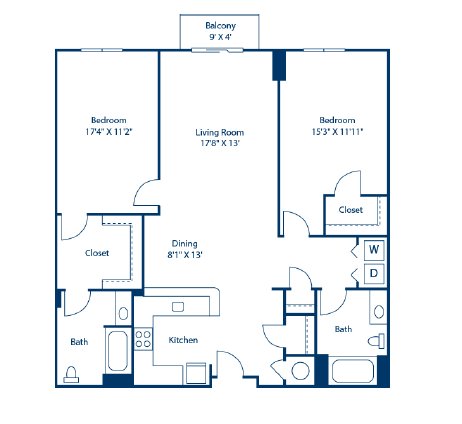 Floor plan for 2 beds, 2 baths, 1332 sqft