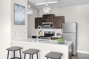 Las Vegas apartment for rent - A kitchen with a white countertop and a refrigerator.