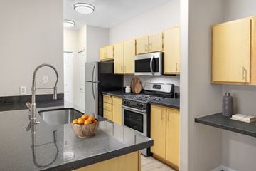 Woodland apartment for rent - A kitchen with wooden cabinets and a black countertop.