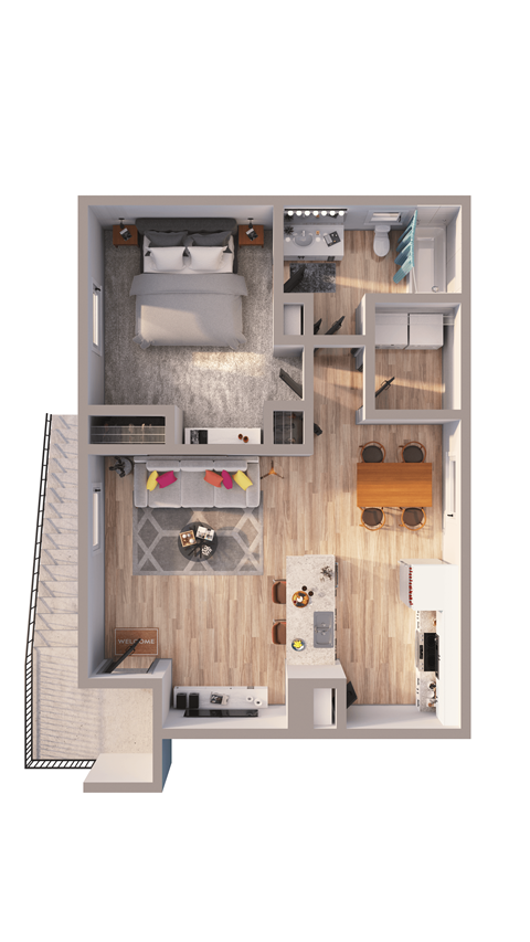 Floor plan for 1 bed, 1 bath, 644 sqft