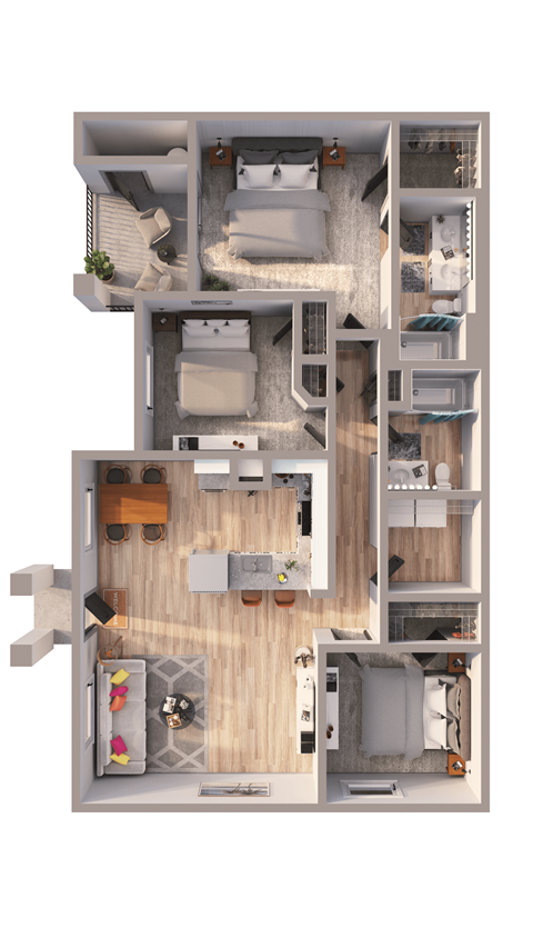 Floor plan for 3 beds, 2 baths, 1390 sqft
