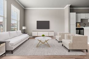 Irving apartment for rent - A modern living room with a white sofa, a coffee table, and a television.