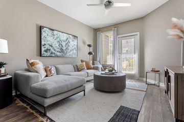 Austin apartment for rent - A living room with a grey sofa, a round coffee table, and a painting on the wall.