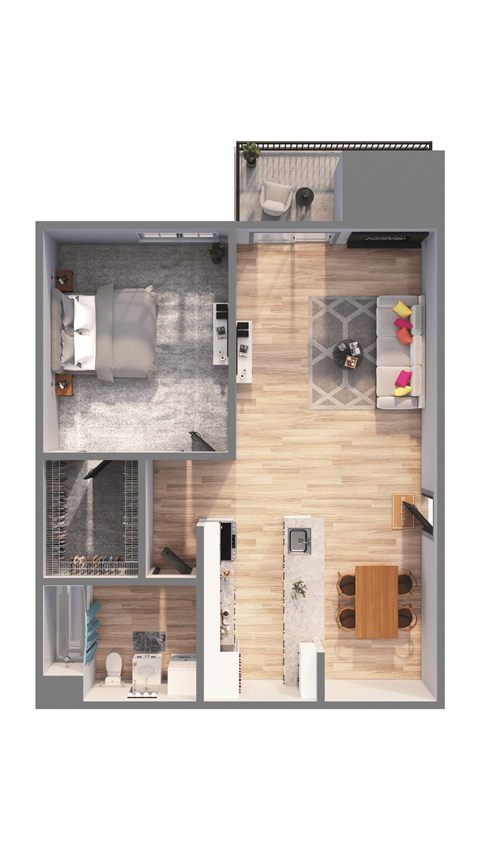 Floor plan for 1 bed, 1 bath, 623 sqft