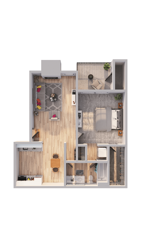 Floor plan for 1 bed, 1 bath, 664 sqft
