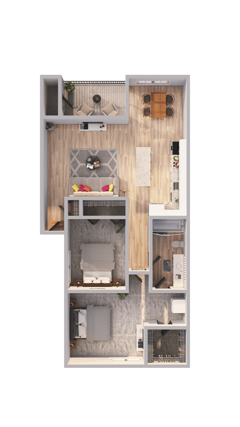 Floor plan for 2 beds, 1 bath, 859 sqft