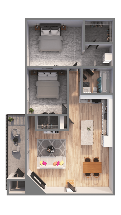 Floor plan for 2 beds, 1 bath, 881 sqft