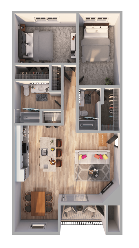 Floor plan for 2 beds, 2 baths, 978 sqft
