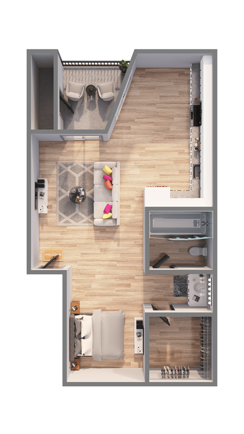 Floor plan for studio, 1 bath, 398 sqft