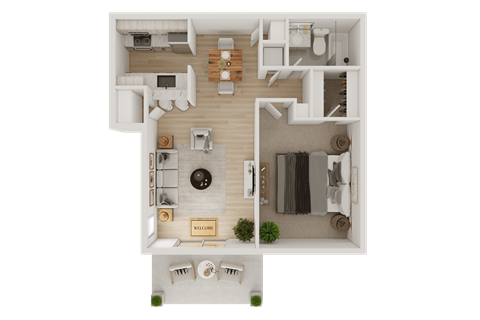 Floor plan for 1 bed, 1 bath, 670 sqft