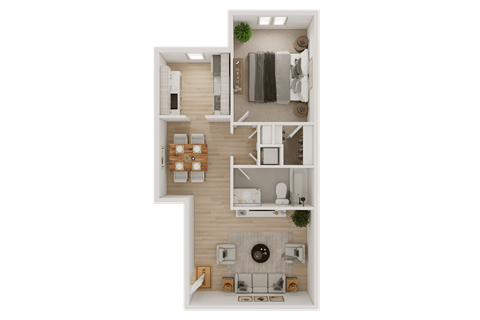 Floor plan for 1 bed, 1 bath, 730 sqft