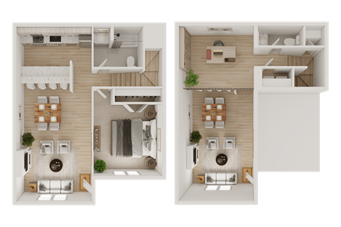 Floor plan for 1 bed, 1.5 baths, 941 sqft
