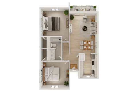 Floor plan for 2 beds, 1 bath, 850 sqft
