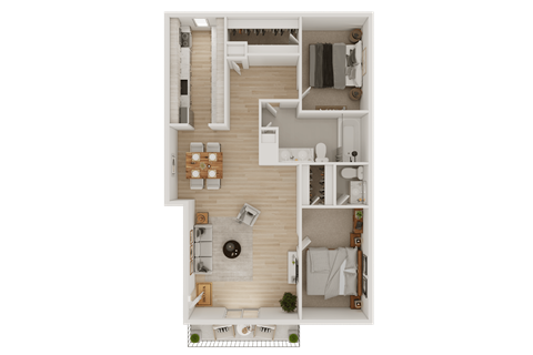 Floor plan for 2 beds, 1.5 baths, 1000 sqft