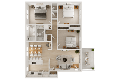 Floor plan for 3 beds, 2 baths, 1340 sqft