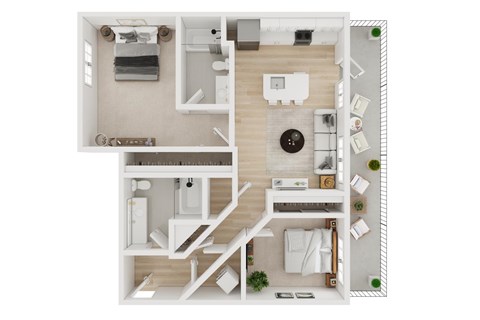 Floor plan for 2 beds, 2 baths, 943 sqft
