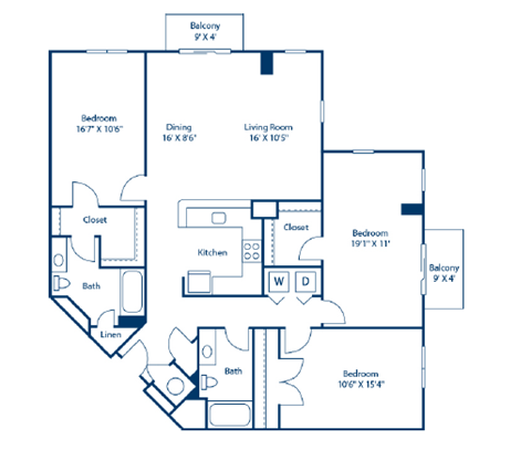 Floor plan for 3 beds, 2 baths, 1463 sqft