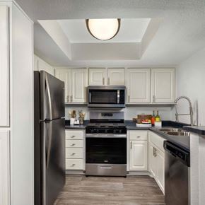Grand Terrace apartment for rent - A kitchen with a black refrigerator and stainless steel appliances.