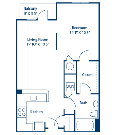 Floor plan for studio, 1 bath, 636 sqft