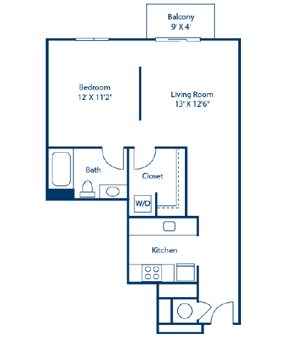 Floor plan for studio, 1 bath, 677 sqft