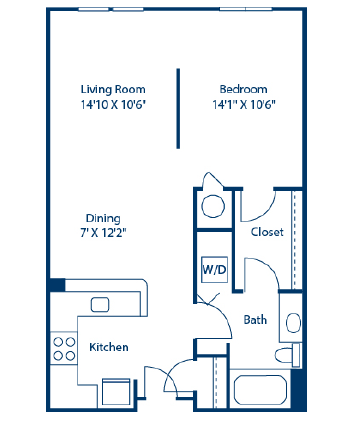 Floor plan for studio, 1 bath, 686 sqft