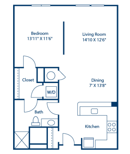 Floor plan for studio, 1 bath, 755 sqft