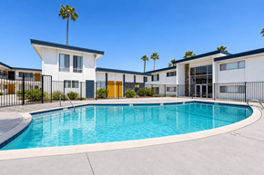 San Diego apartment for rent - A swimming pool in front of a building with a palm tree.