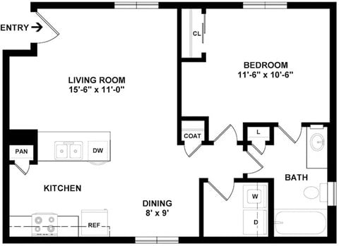 Floor plan for 1 bed, 1 bath, 643 sqft
