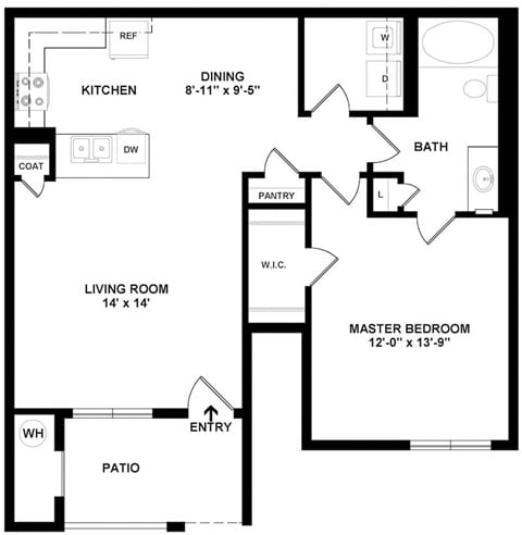 Floor plan for 1 bed, 1 bath, 836 sqft