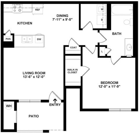 Floor plan for 1 bed, 1 bath, 898 sqft