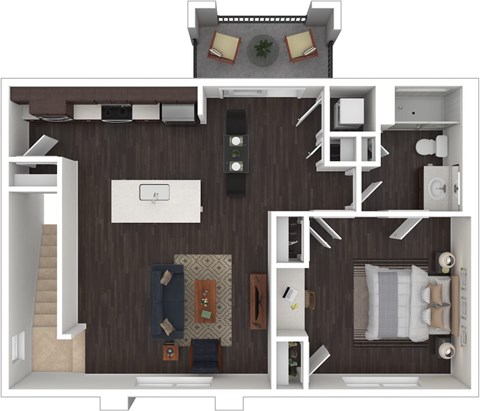 Floor plan for 1 bed, 1 bath, 897 sqft