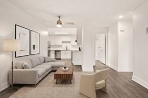 Ramona apartment for rent - A modern living room with a grey sofa, a wooden coffee table, and a beige armchair.