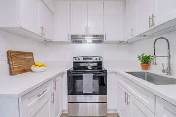 Ramona apartment for rent - A modern kitchen with a stove and a plant on the counter.