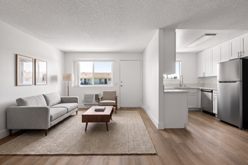 Ramona apartment for rent - A modern living room with a grey sofa and a coffee table.