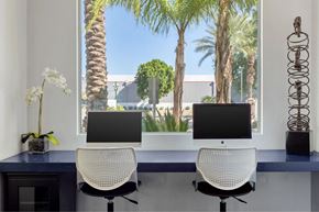 Phoenix apartment for rent - Two computer monitors are on a desk with a view of palm trees outside the window.