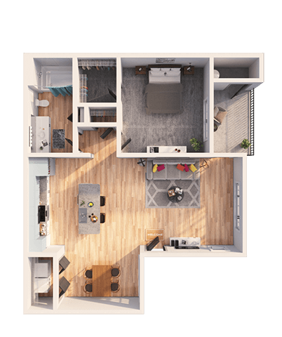 Floor plan for 1 bed, 1 bath, 738 sqft