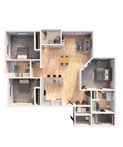 Floor plan for 3 beds, 2 baths, 1307 sqft