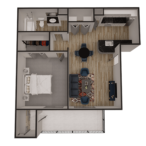 Floor plan for 1 bed, 1 bath, 579 sqft