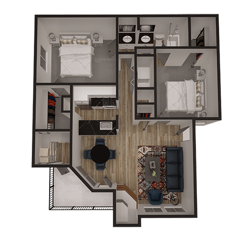 Floor plan for 2 beds, 1 bath, 882 sqft