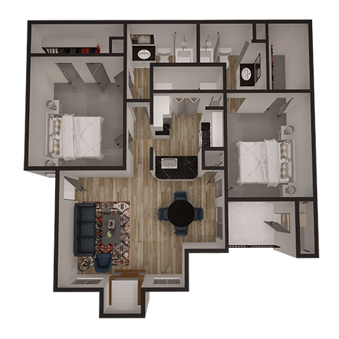 Floor plan for 2 beds, 2 baths, 1017 sqft