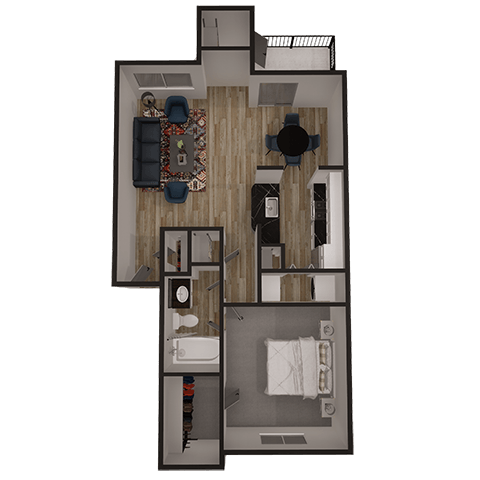 Floor plan for 1 bed, 1 bath, 740 sqft