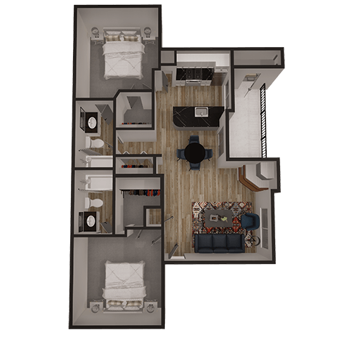 Floor plan for 2 beds, 2 baths, 957 sqft