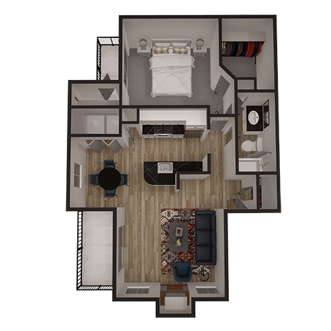 Floor plan for 1 bed, 1 bath, 768 sqft