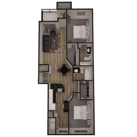 Floor plan for 2 beds, 2 baths, 1042 sqft