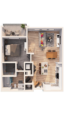 Floor plan for 1 bed, 1 bath, 773 sqft
